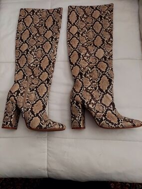 Zara Beige and Black Snake-Print Over-the-Knee Boots